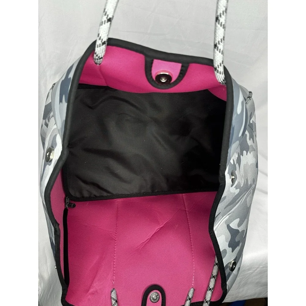 Haute Shore Green Camo Pink Stripe Neoprene Expandable Tote Bag With Wallet